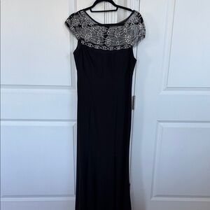 Elegant Black Evening Gown with Silver Accents by R&M Richard’s